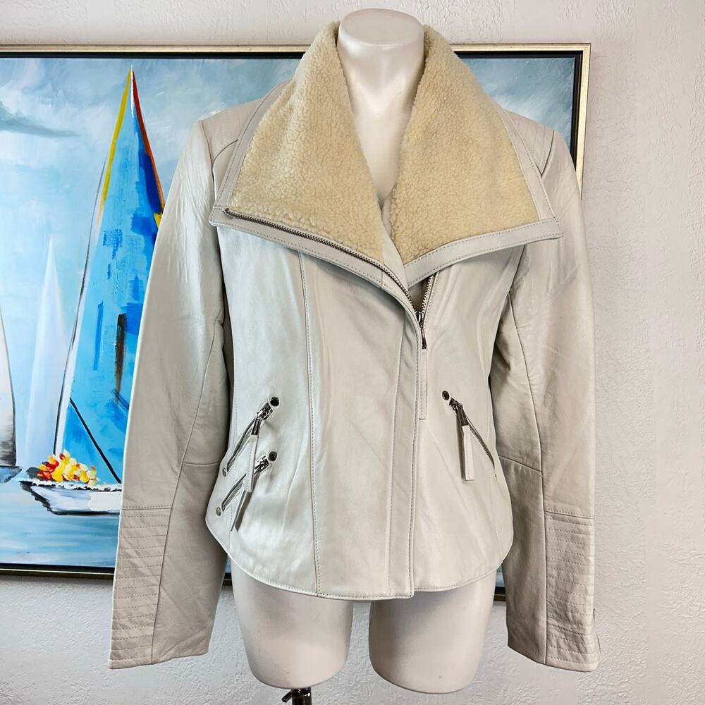 Christian Reed Womens Leather Moto Jacket Greyish white size large
